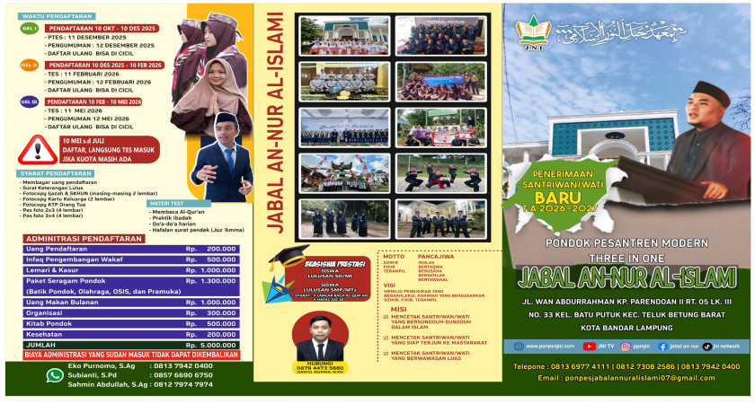 Pendaftaran Santri Baru Pondok Pesantren Jabal An-Nur Al-Islami Bandar Lampung  T.A 2026 Resmi Dibuka